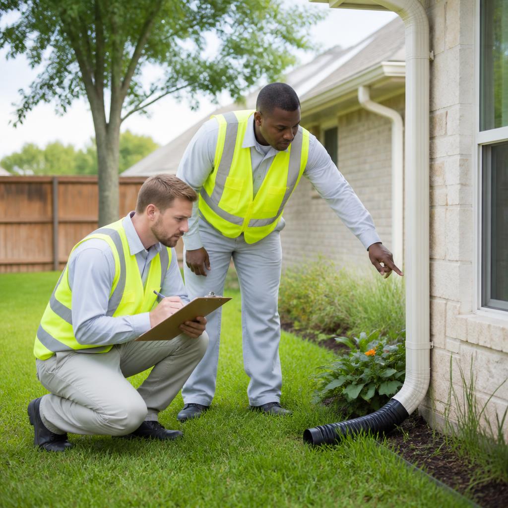 Two licensed Quality Mosquito Control Austin technicians inspecting a residential property for standing water and breeding sites