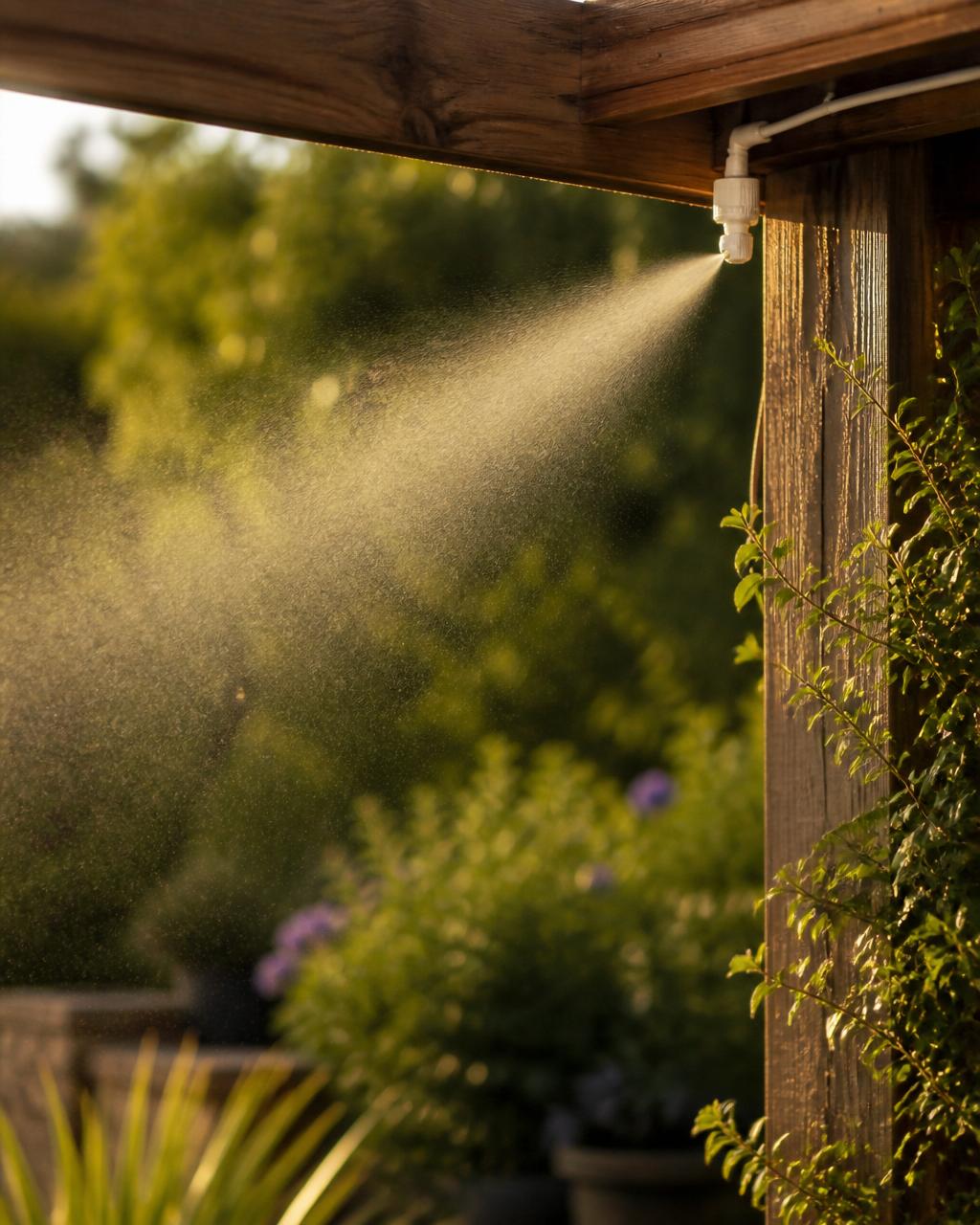 Installed misting system nozzle releasing fine mist on a backyard pergola in Austin