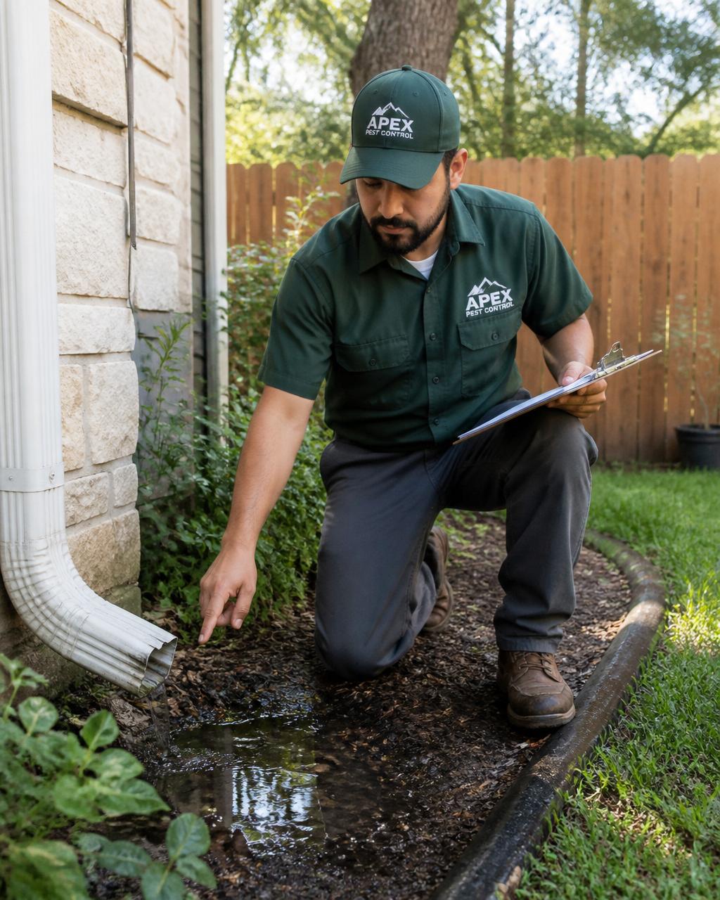 Quality Mosquito Control Austin technician inspecting a downspout for standing water during a prevention visit