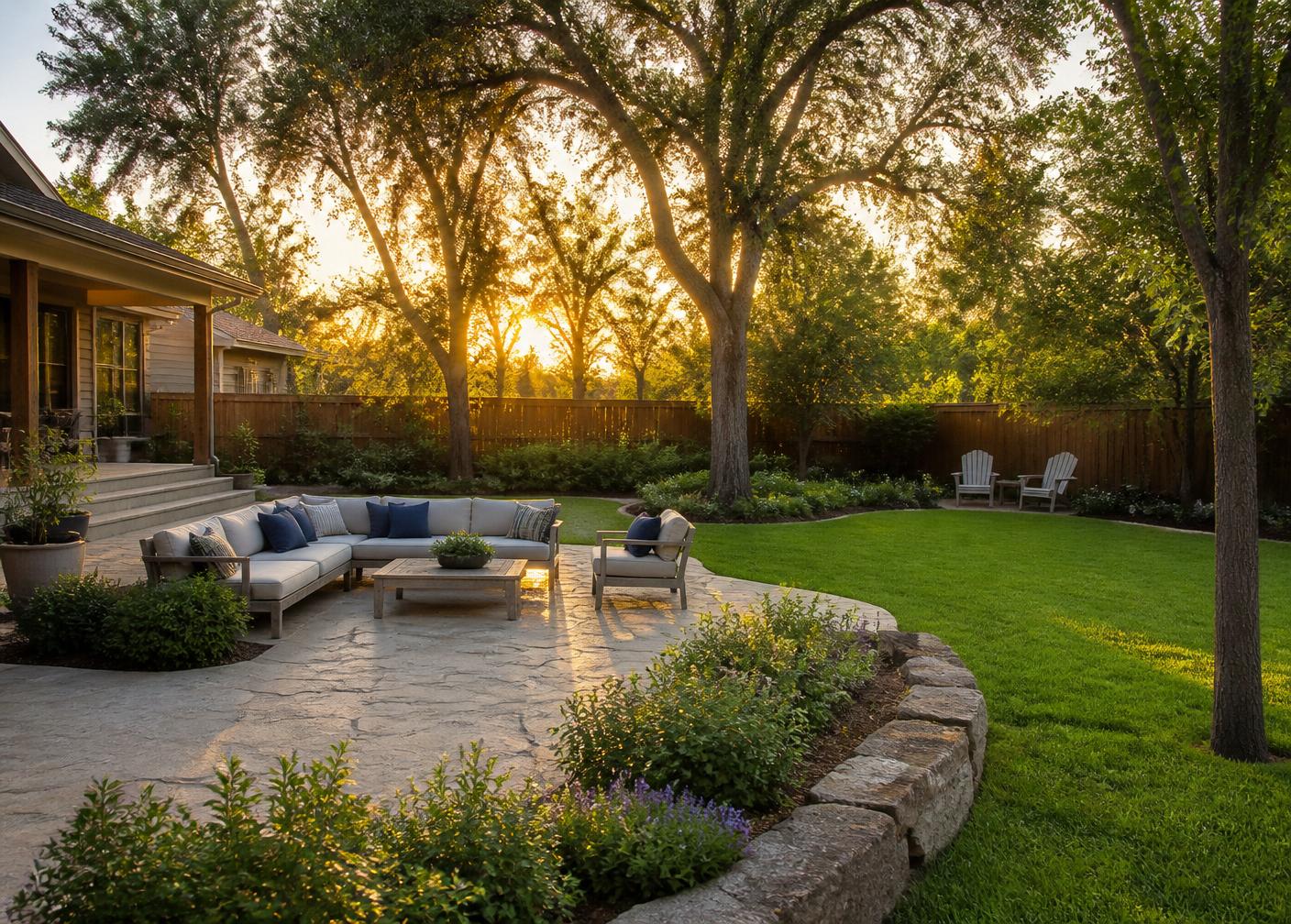 Family-ready Austin backyard with stone patio and oak trees after professional mosquito spraying