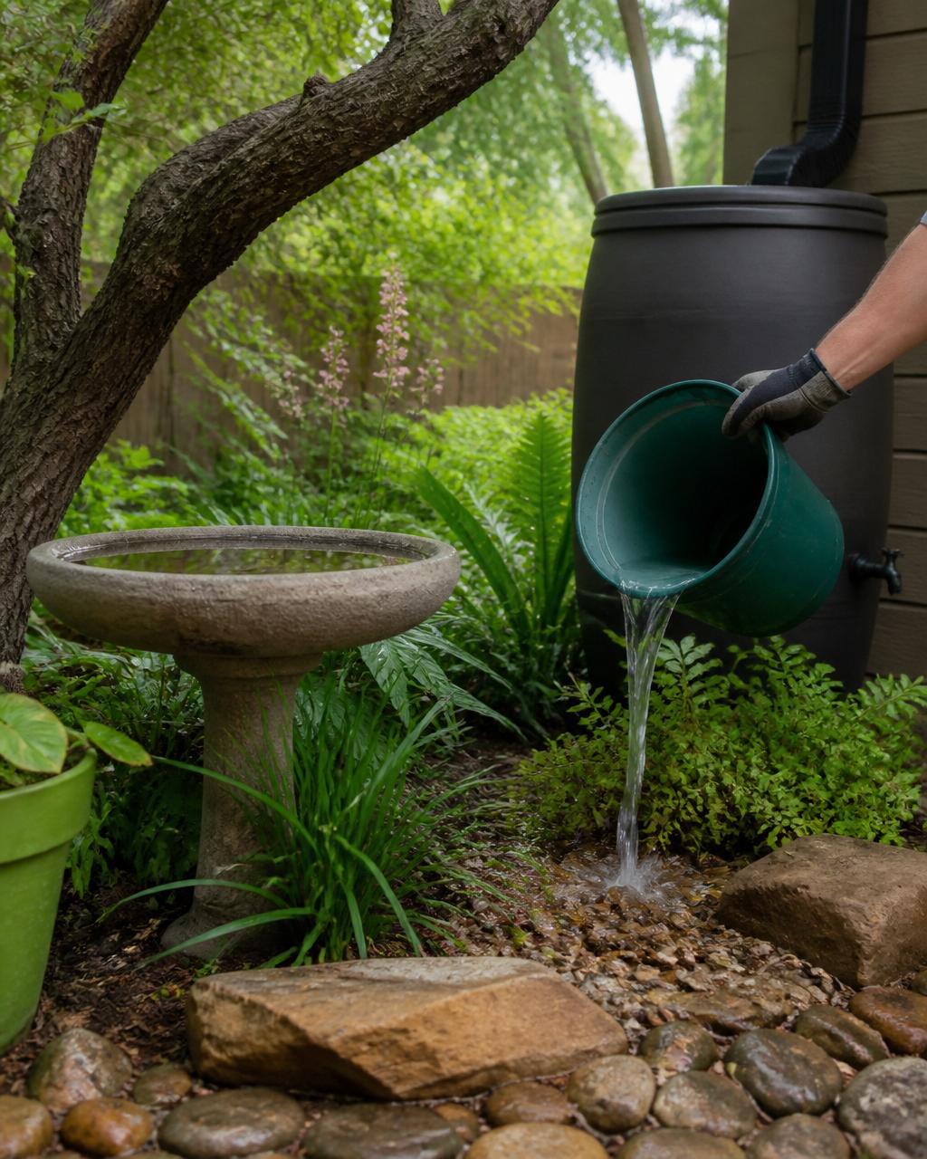 Homeowner emptying standing water from a rain barrel and birdbath in an Austin backyard for mosquito source reduction