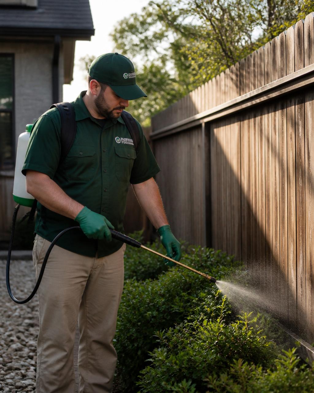 Quality Mosquito Control Austin technician treating shrubs and fence line at an Austin backyard