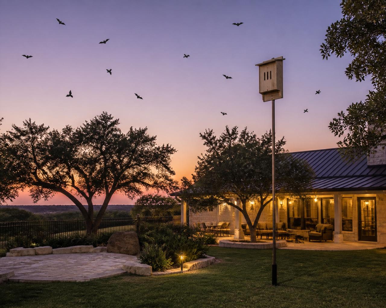 Mexican free-tailed bats flying over a Hill Country Austin backyard at dusk with a cedar bat house