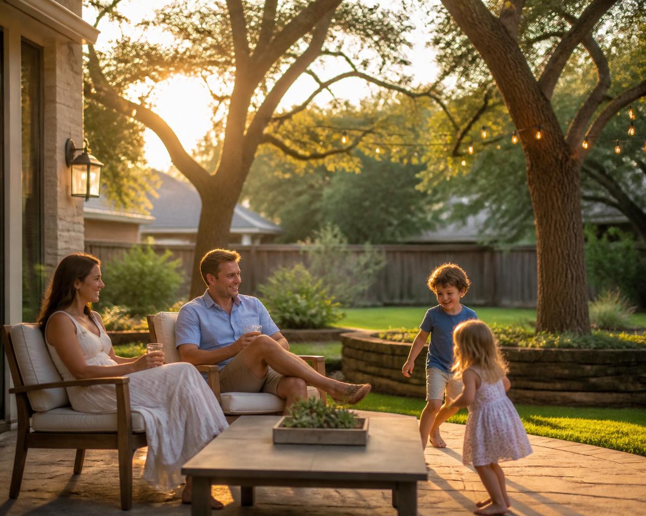 Austin family enjoying a treated backyard at golden hour without mosquitoes