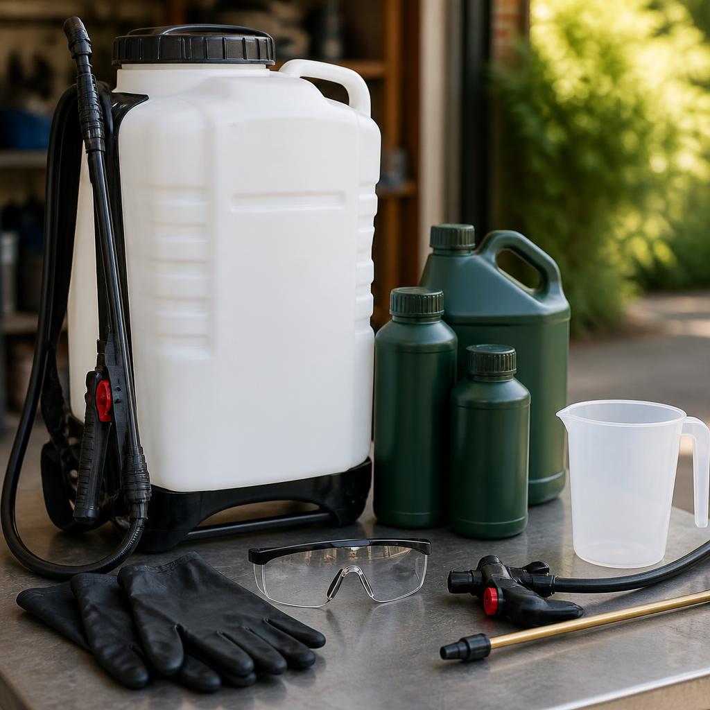 Professional mosquito barrier spray equipment and MTPB treatment laid out on a Quality Mosquito Control Austin work truck