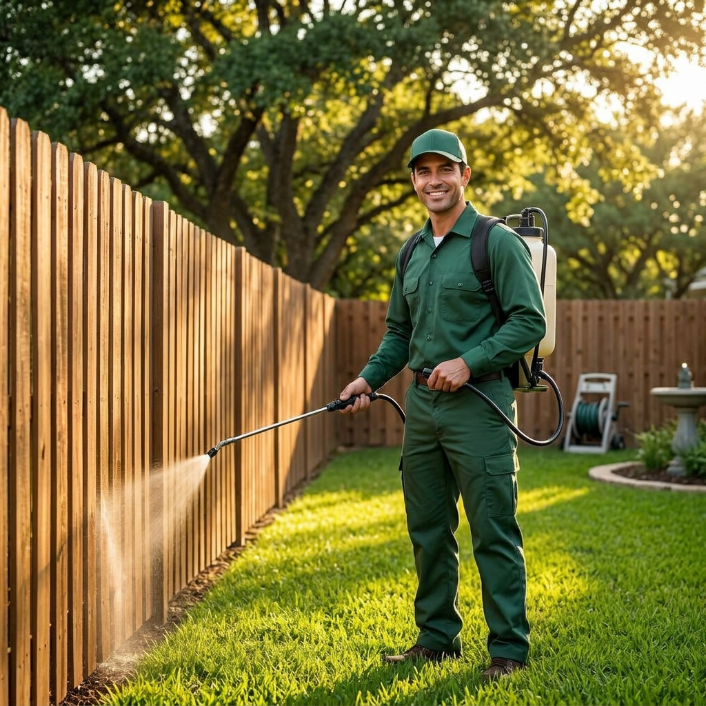 Quality Mosquito Control Austin technician spraying a barrier treatment along a residential fence line