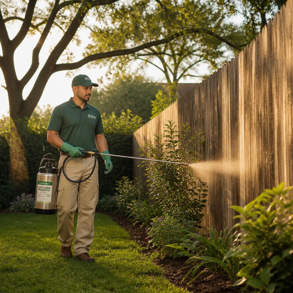 Protected Austin backyard at golden hour with mature oak trees and outdoor furniture