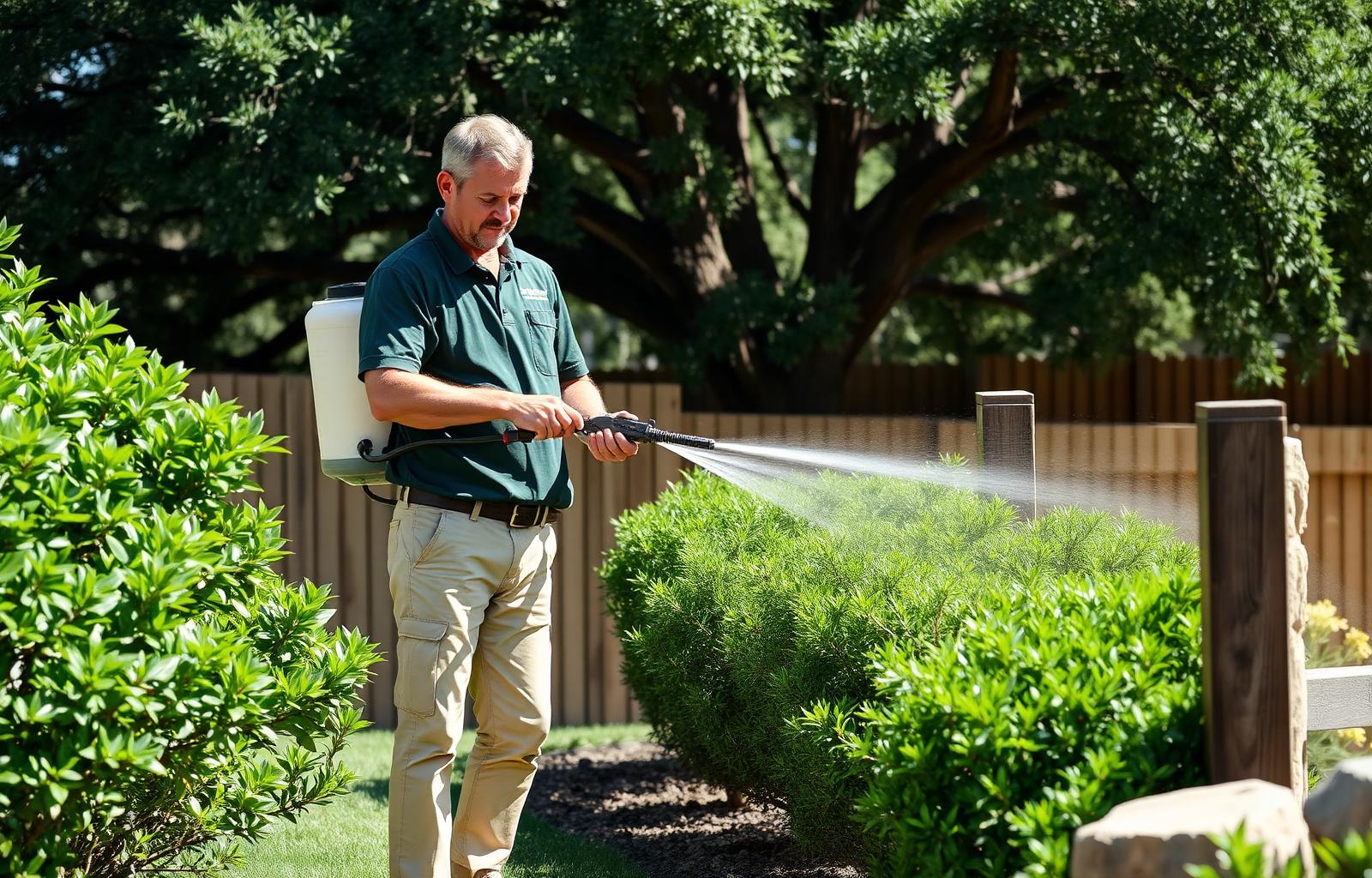 Quality Mosquito Control Austin technician applying a barrier treatment on a Bee Cave property