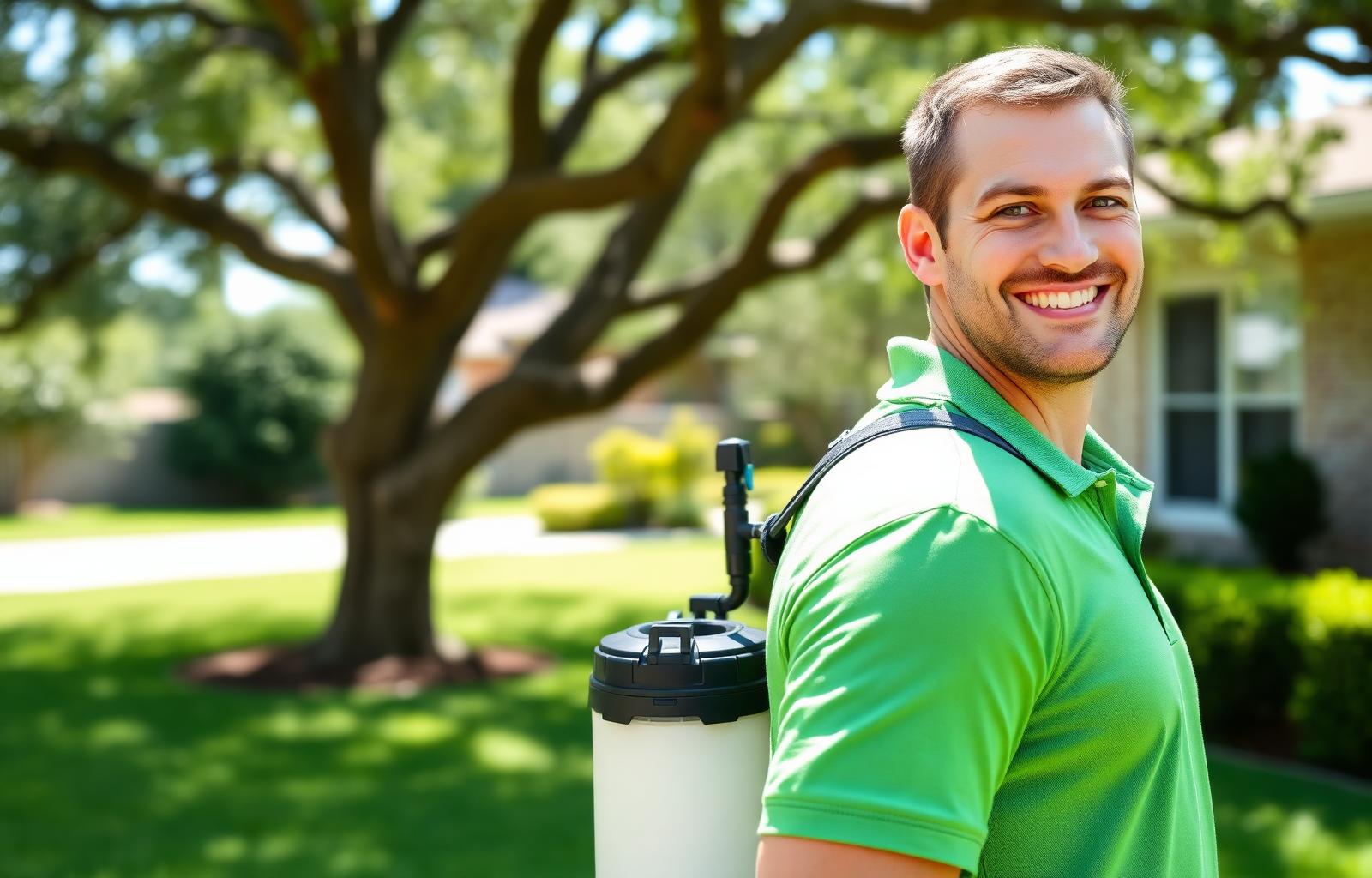 Quality Mosquito Control Austin technician applying a barrier treatment on a Cedar Park property