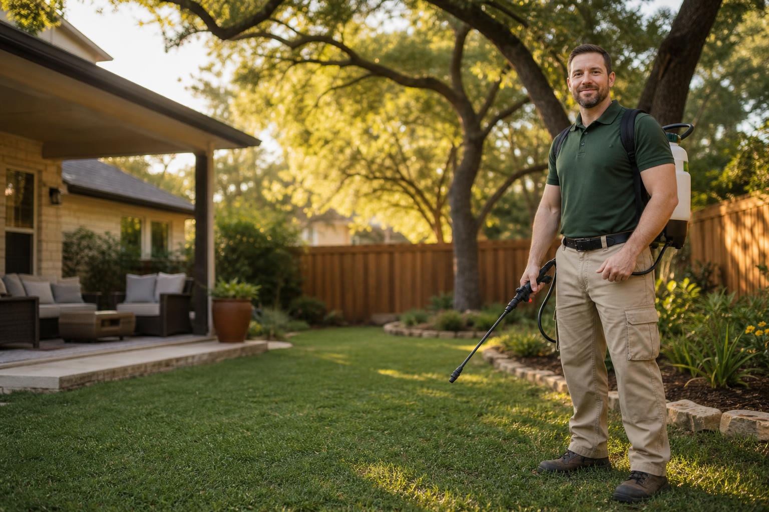 Quality Mosquito Control Austin technician applying a barrier treatment on a Sunset Valley property