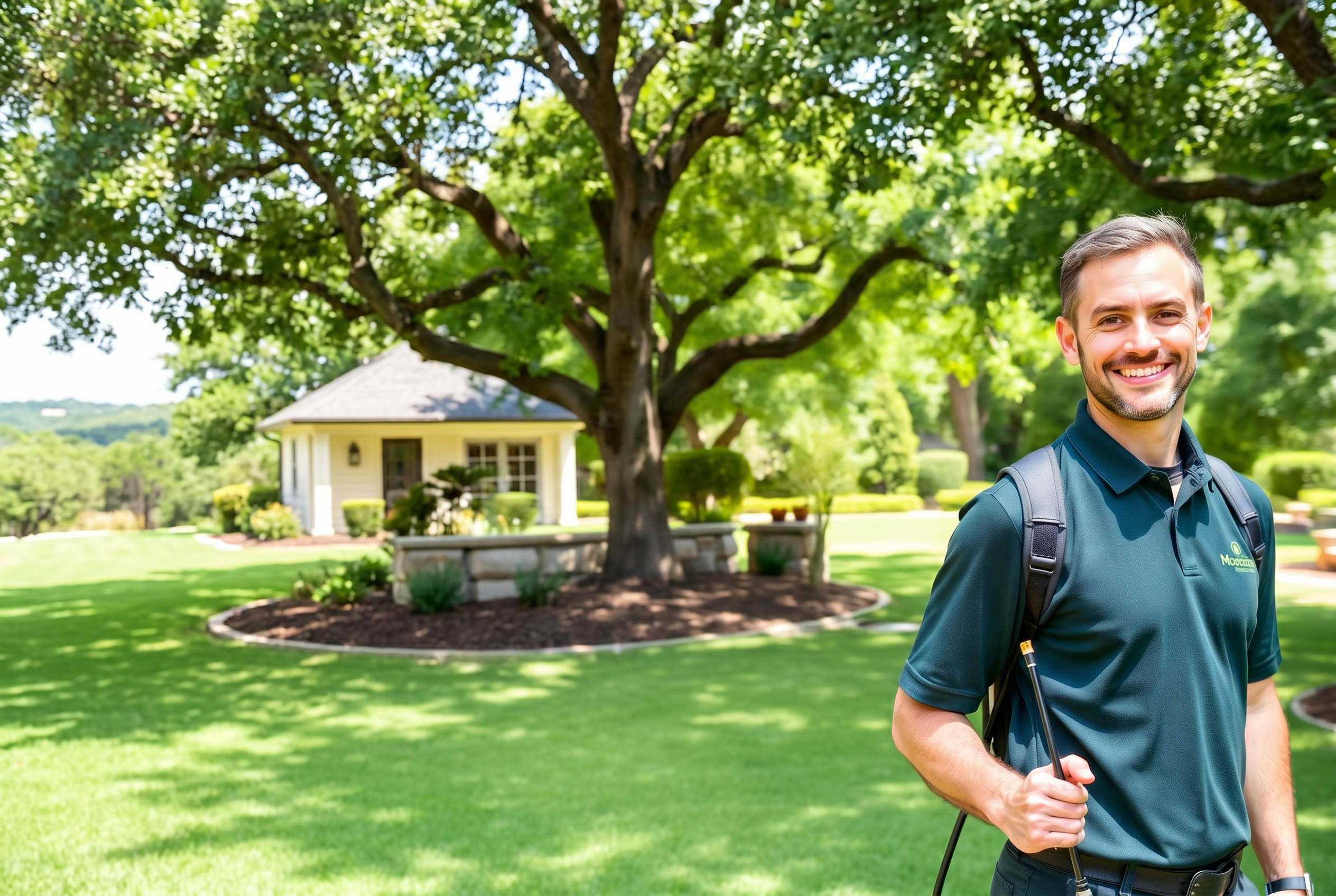Quality Mosquito Control Austin technician applying a barrier treatment on a West Lake Hills property