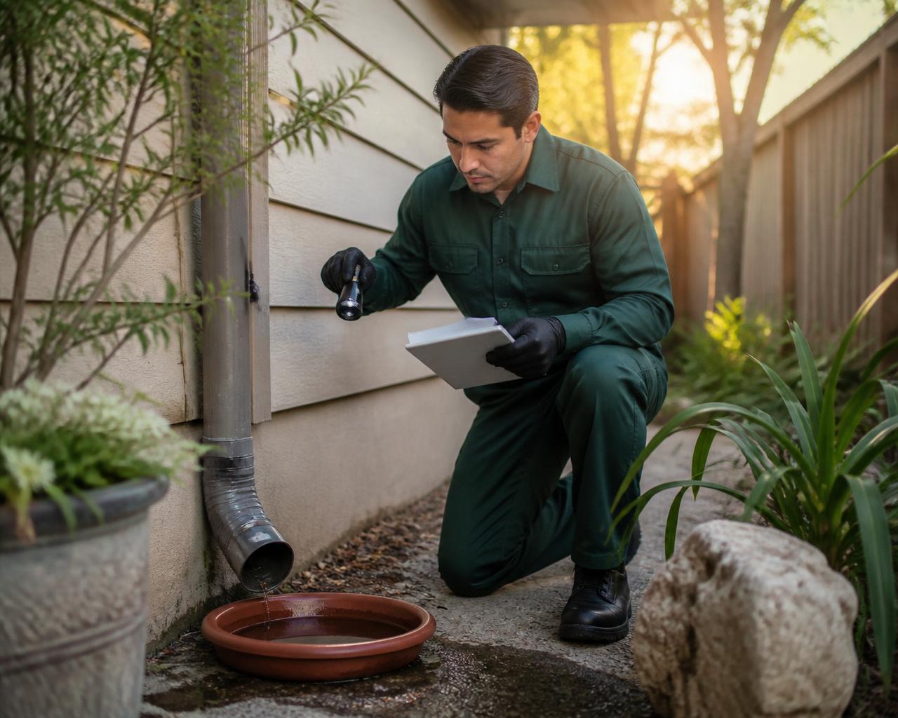 Licensed mosquito control technician inspecting a downspout and flower pot saucer for standing water during a seasonal program visit in Austin