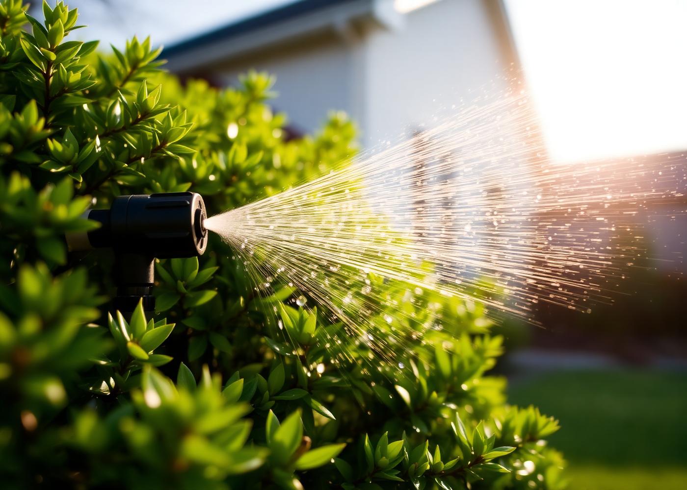 Mosquito barrier spray nozzle treating green shrub in an Austin yard