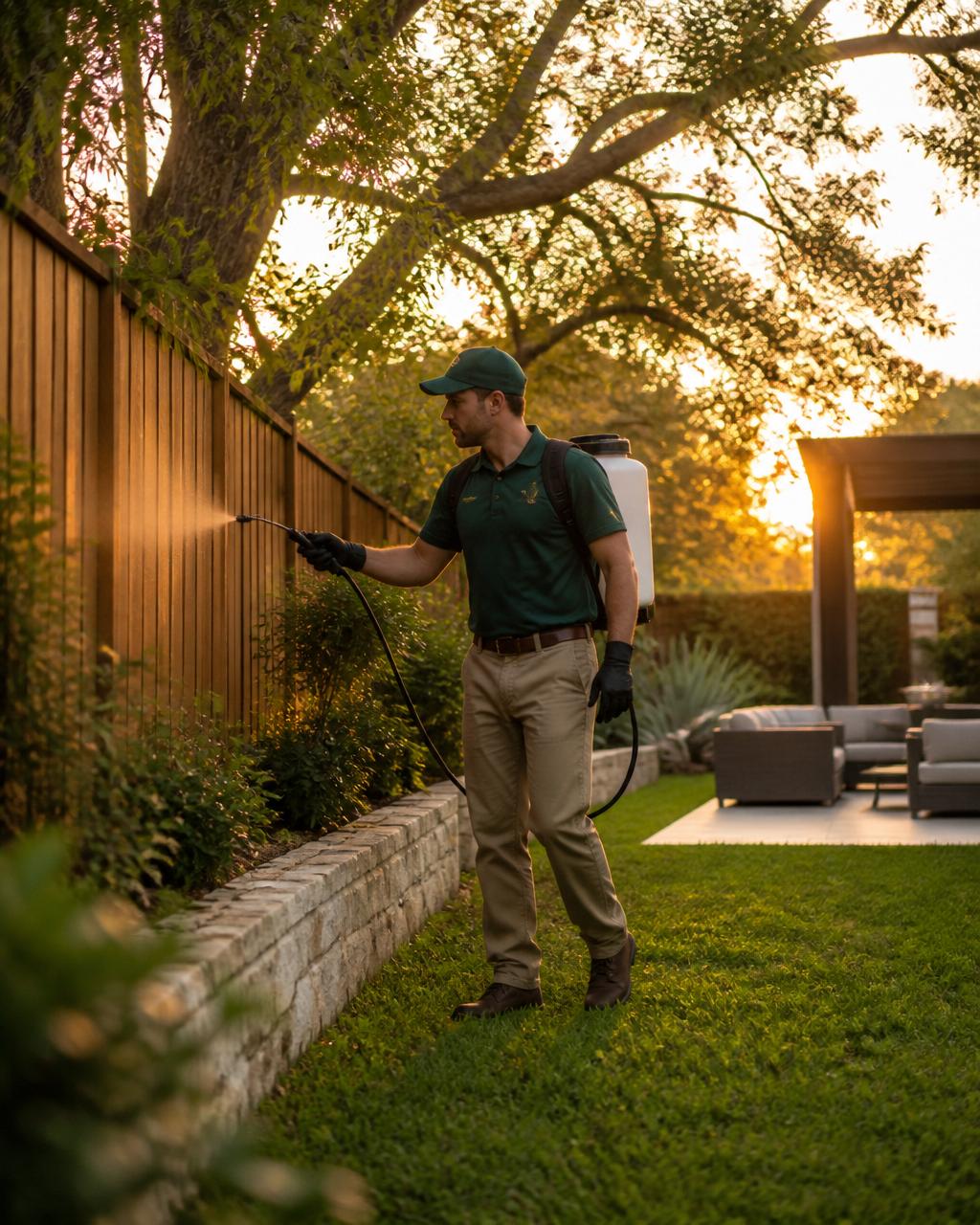 Quality Mosquito Control Austin technician treating a lush backyard fence line at golden hour