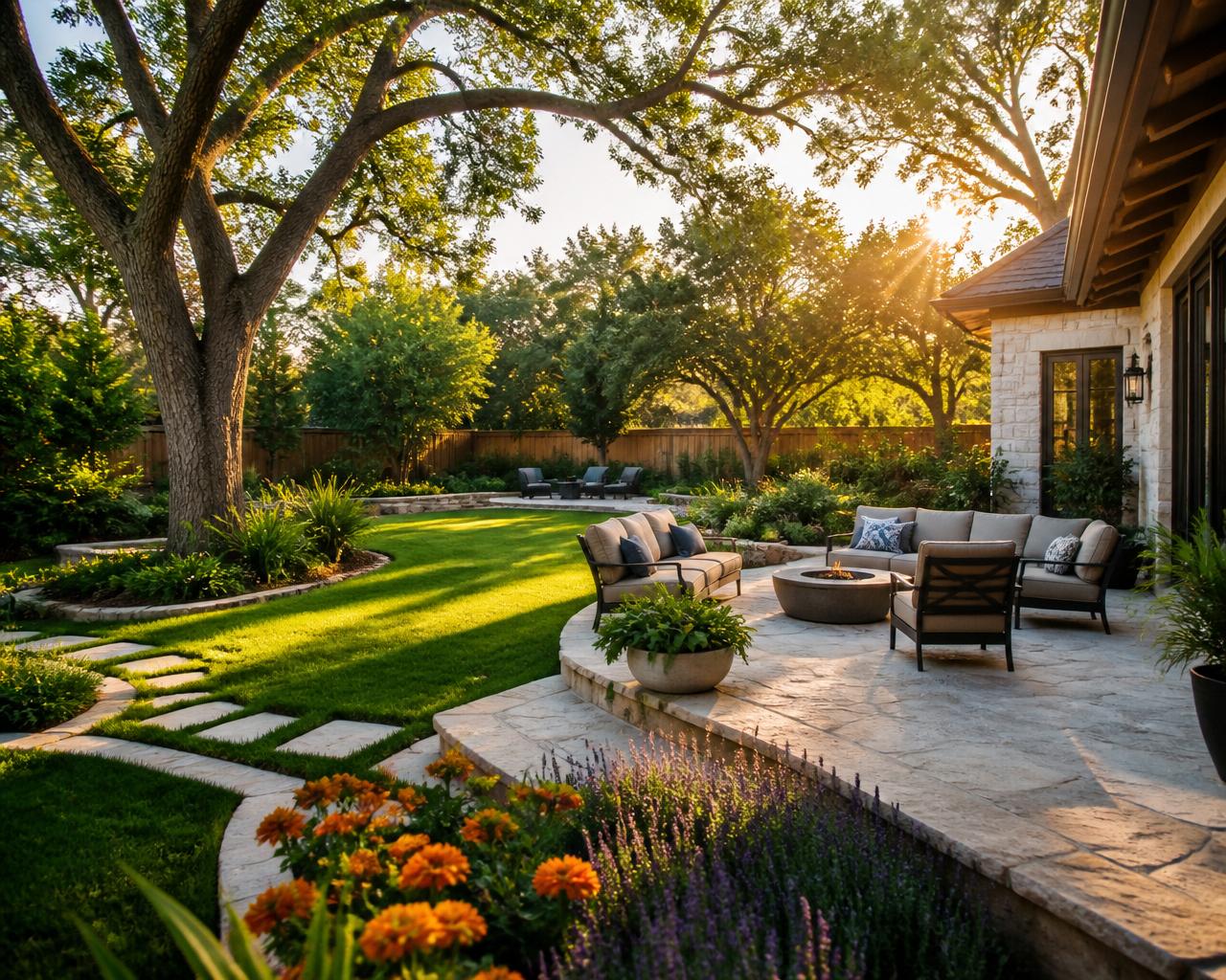 Manicured Austin backyard with stone patio and oak trees after a professional mosquito yard treatment