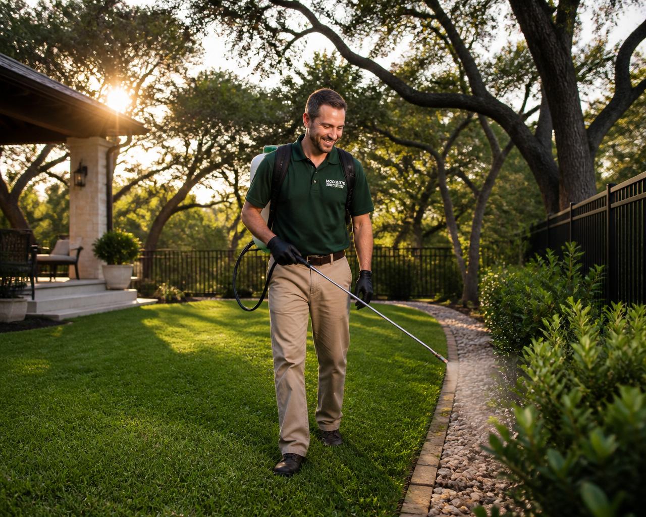 Licensed technician applying a mosquito yard treatment with a backpack sprayer along the perimeter of an Austin lawn